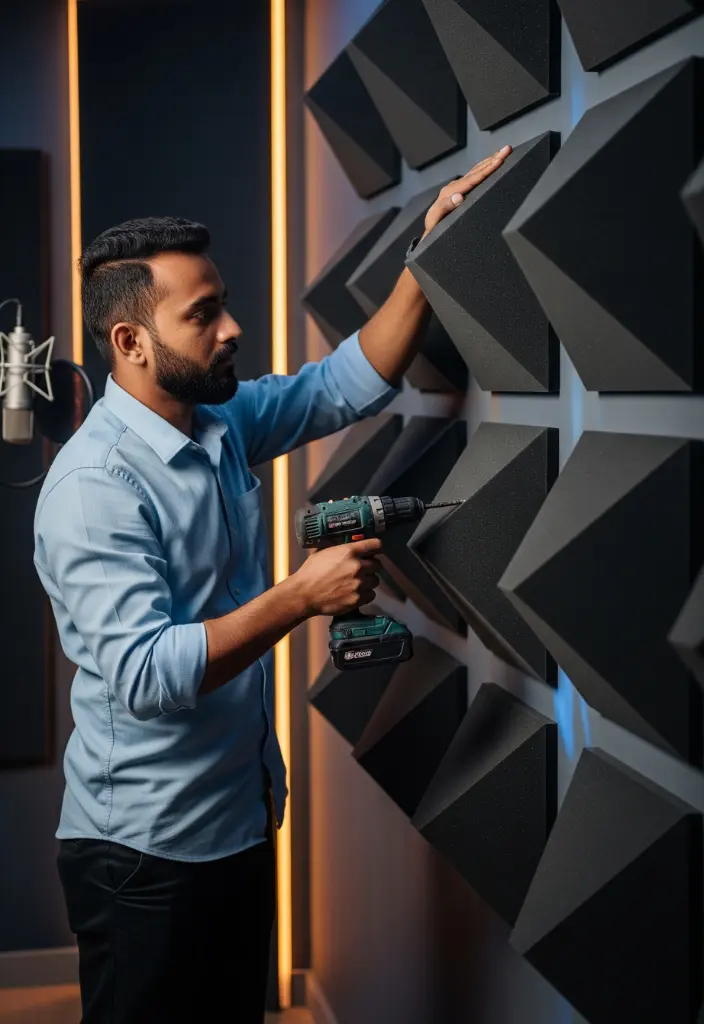 Indian handyman in sky-blue HOMD uniform installing foam acoustic panels on a wall in Dubai.