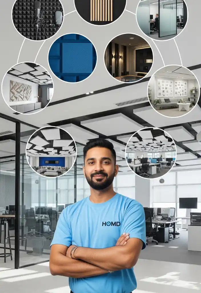 Indian handyman in sky-blue HOMD uniform installing acoustic panels on a modern interior wall in Dubai.