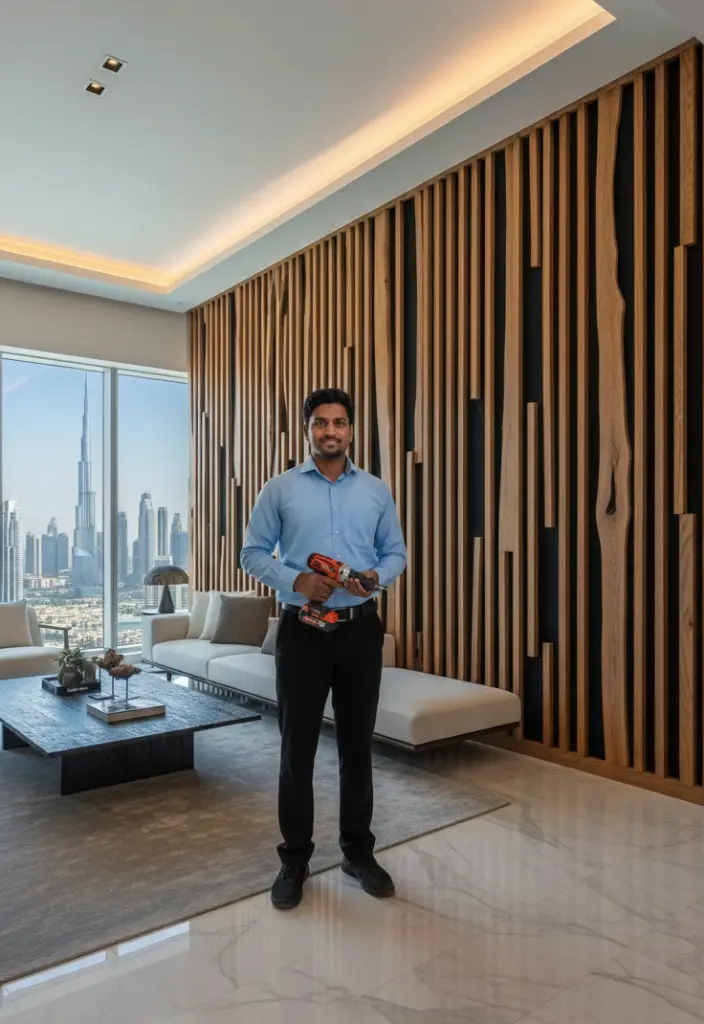 Indian handyman in sky-blue HOMD uniform installing foam acoustic panels on a wall in Dubai